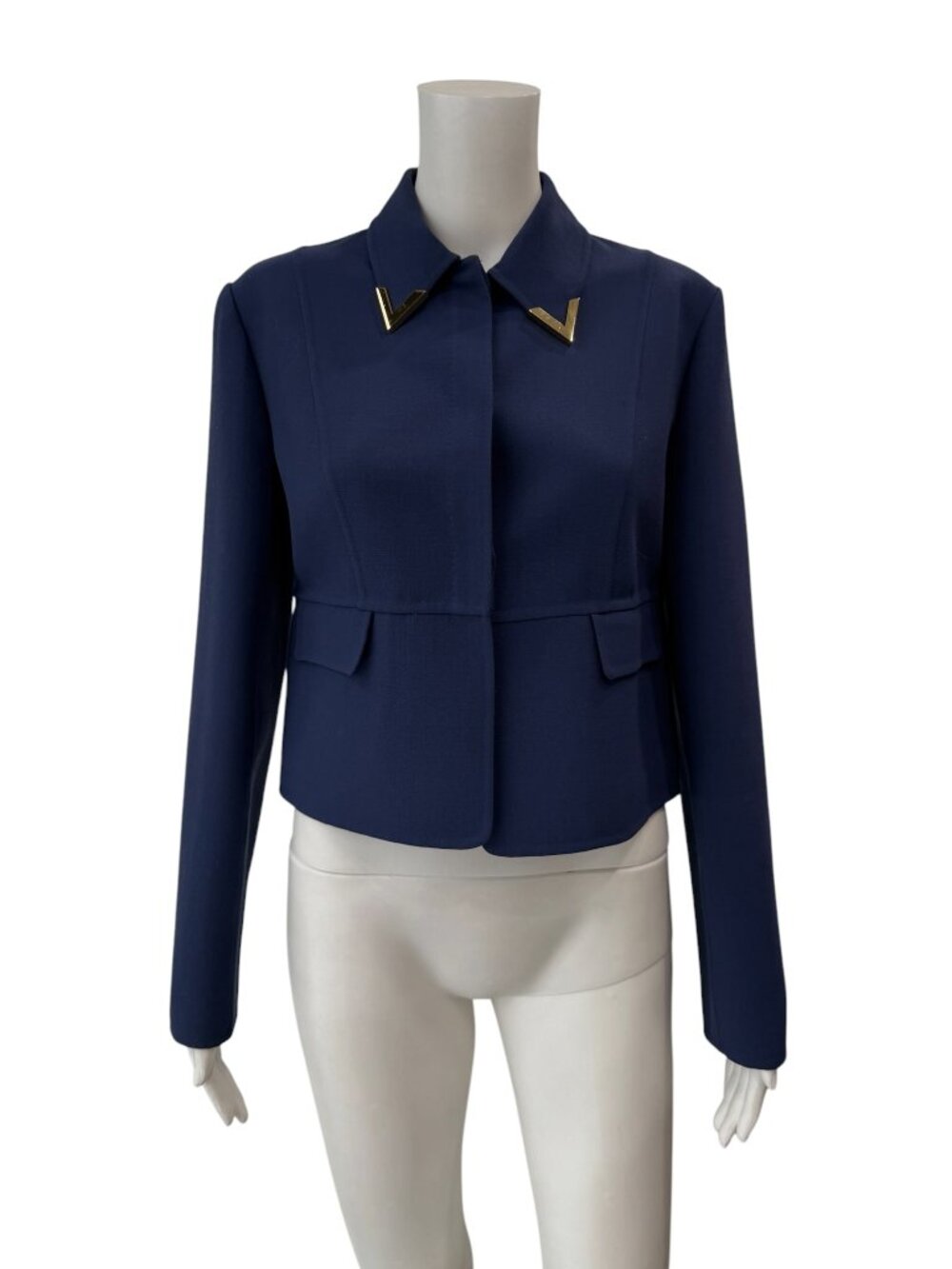 $2980 Valentino Blue Short Wool Gold-Tone V Logo Suit Jacket size 6